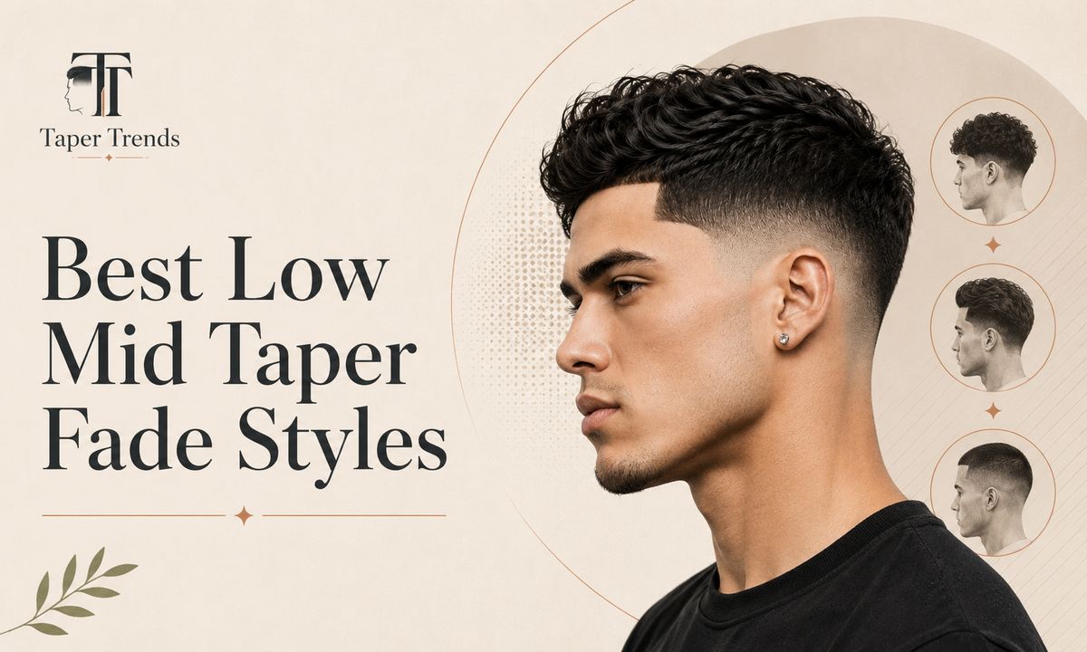 A line-up of the best low mid taper fade styles — textured crop, quiff, forward fringe, side part, and buzz on top.