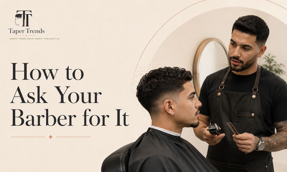 A barber blending a low mid taper fade around the temple, showing how to ask for the cut.