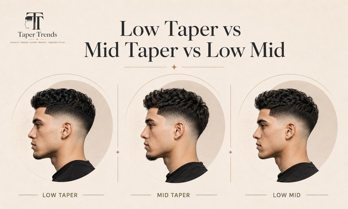 Low taper vs mid taper vs low mid taper fade — three starting points compared on the side of the head.