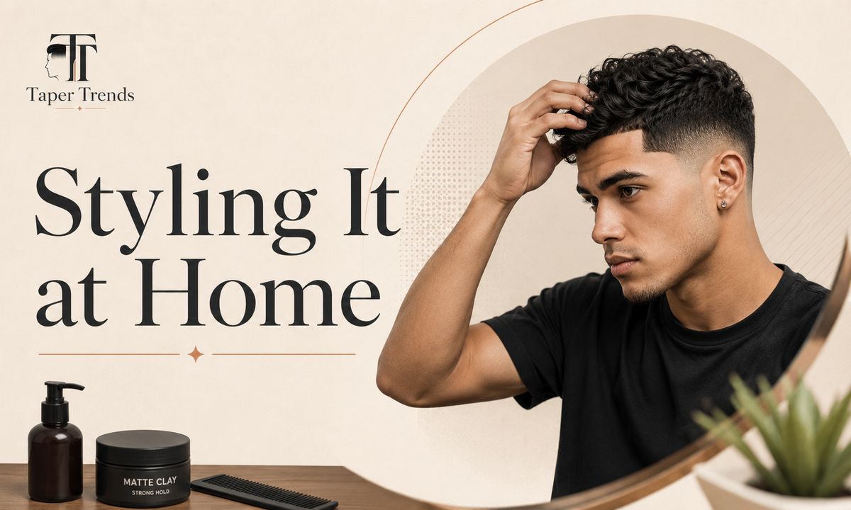 Styling the top of a low mid taper fade at home with a small amount of matte product worked through damp hair.