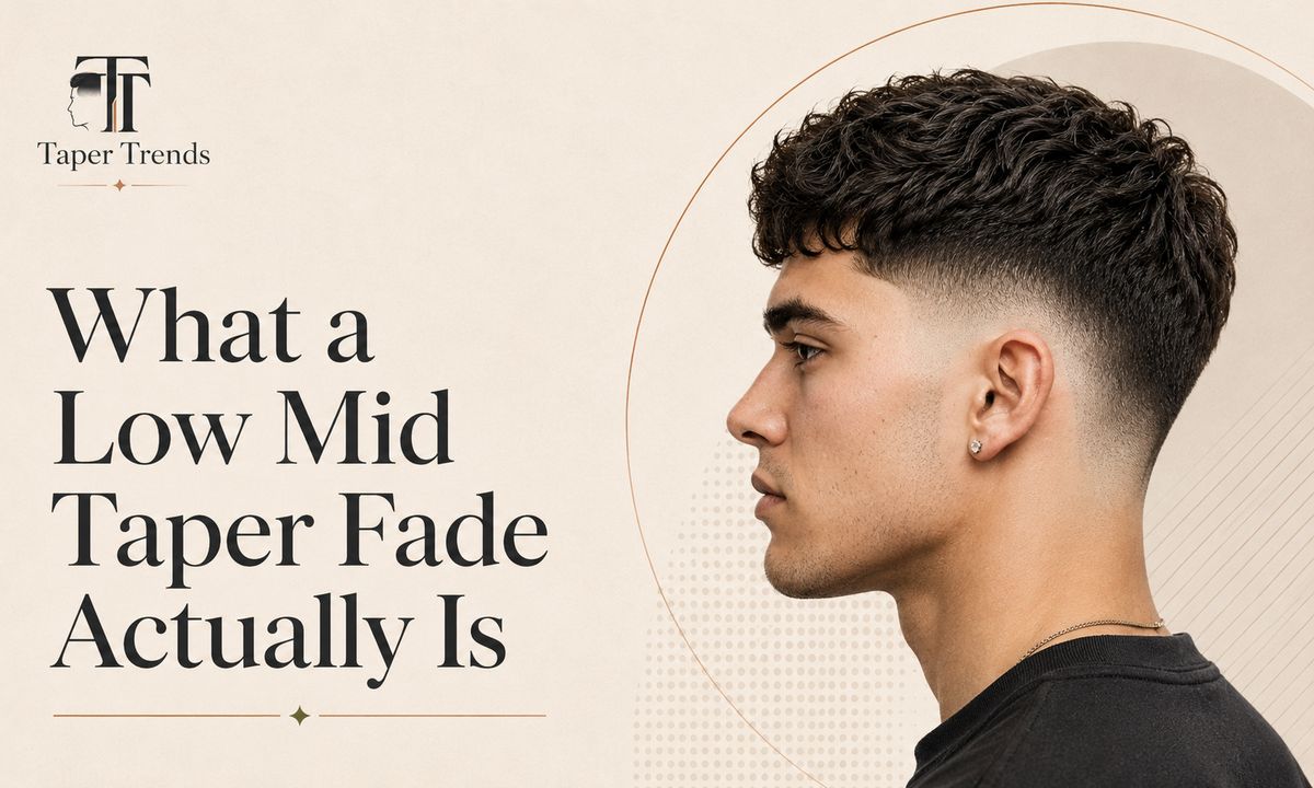 A low mid taper fade — the blend starting around the mid-temple and finishing tight at the neckline, with fuller hair on top.