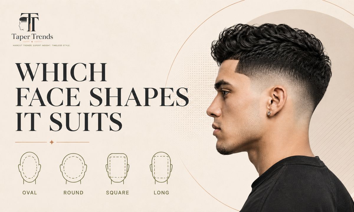 How a low mid taper fade suits different face shapes — oval, round, square, diamond, and long.