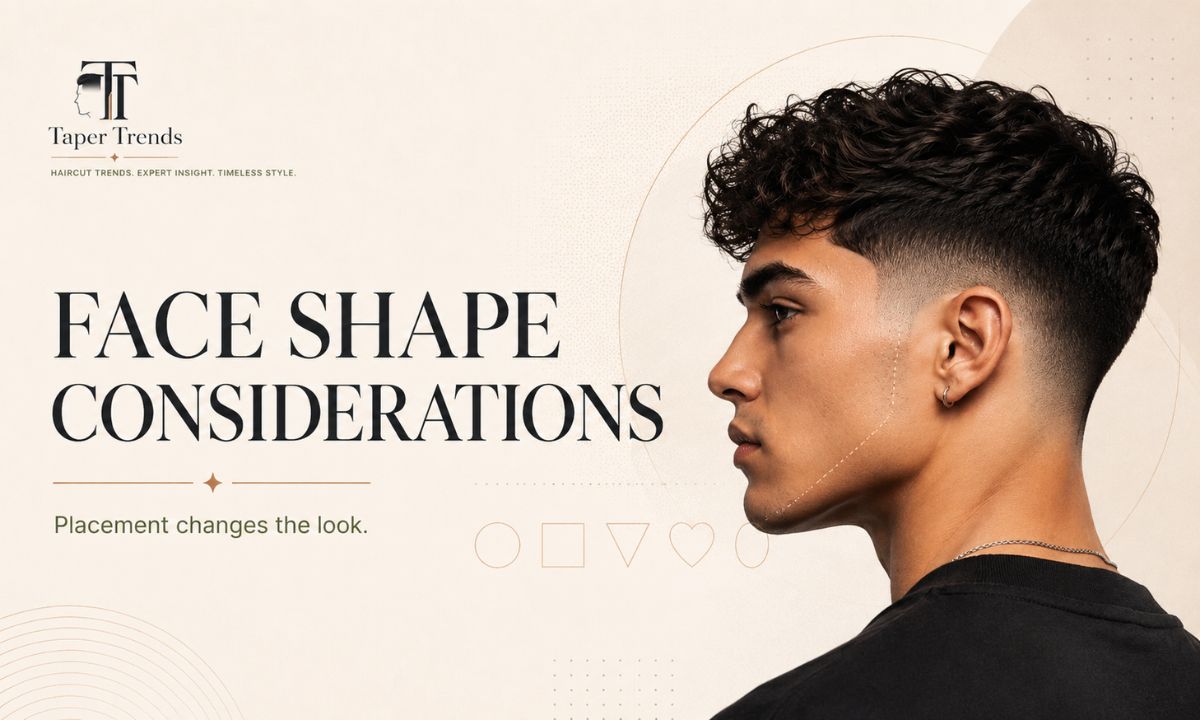 Low taper fade design placement by face shape — angular lines for round faces, subtle accents for heart-shaped faces.