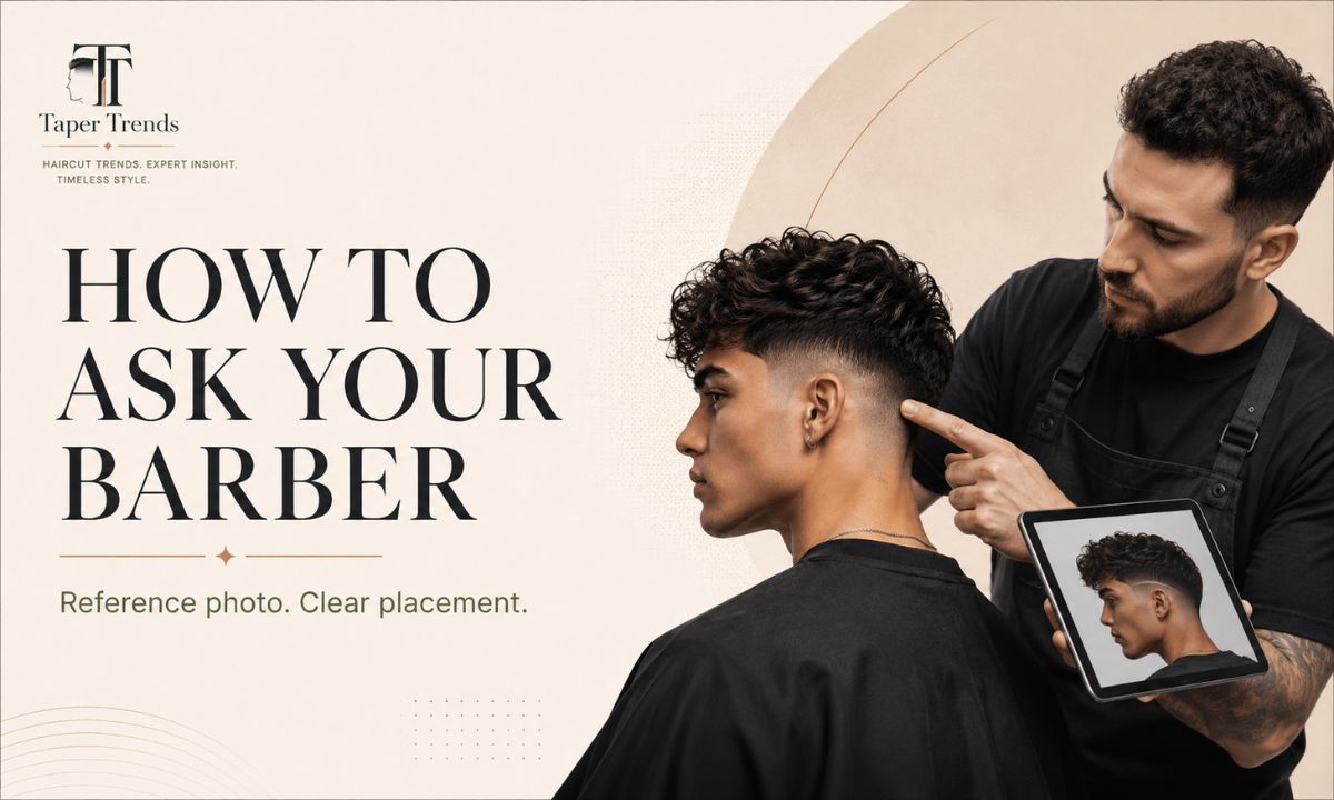A barber carving a clean line into a low taper fade, illustrating how to ask for a low taper fade design.
