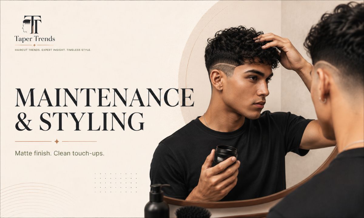 Maintaining a low taper fade design — matte product on top and a home trimmer tidying the neckline between barber visits.