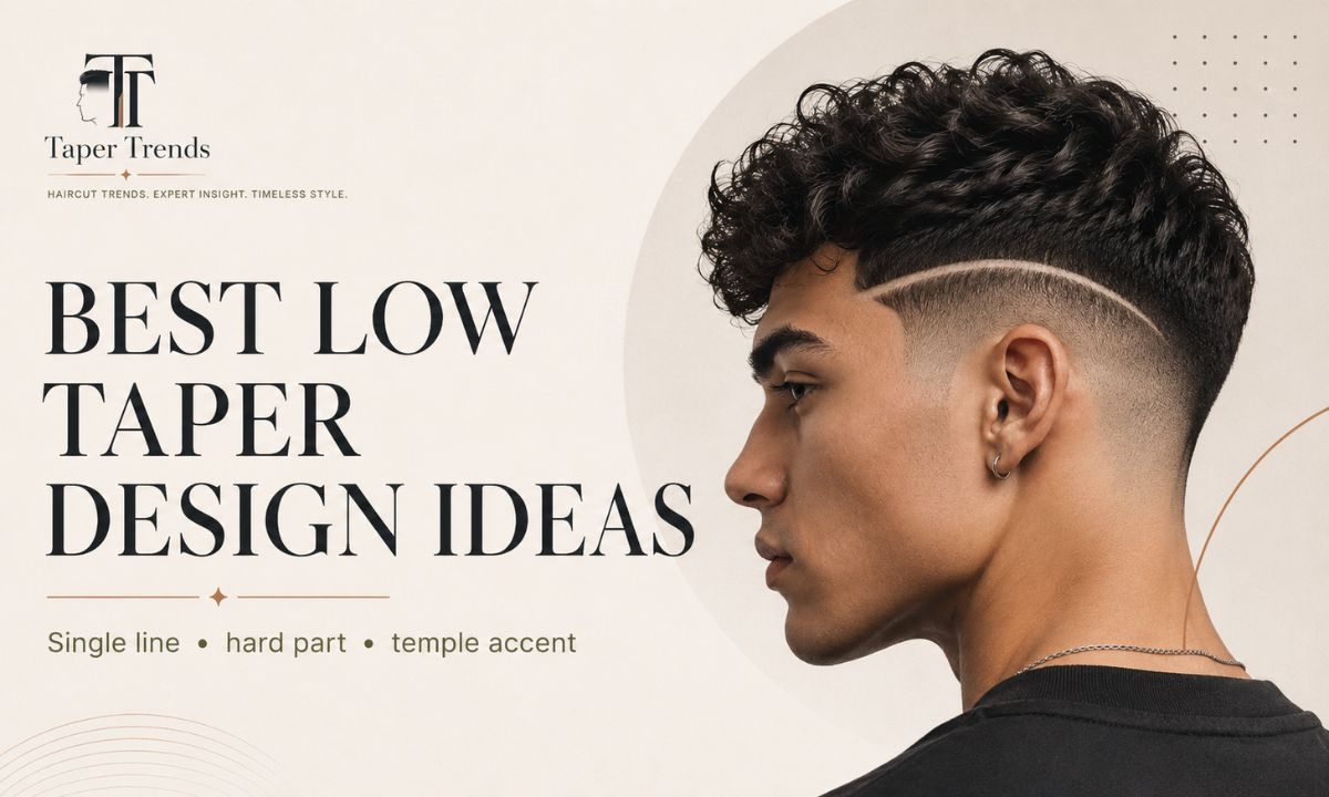 A grid of low taper fade design ideas — single line, double line, curved line, hard part, temple accent, and V-shaped neckline.