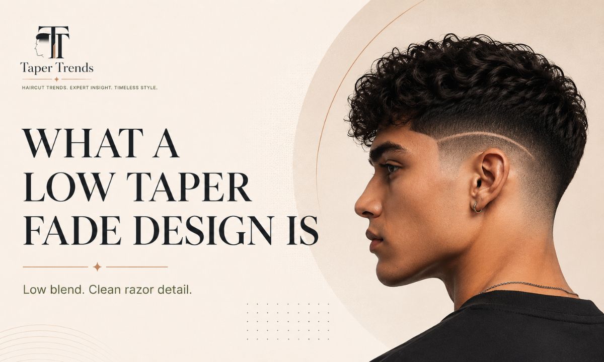 A low taper fade design showing the soft low blend along the sides with a clean razor line carved near the temple.