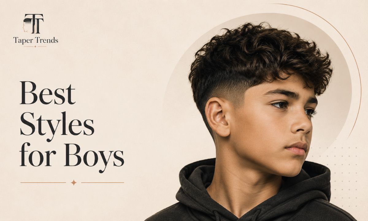 A line-up of the best low taper fade styles for boys — textured top, fringe, curly top, side part, messy top, and short crop.