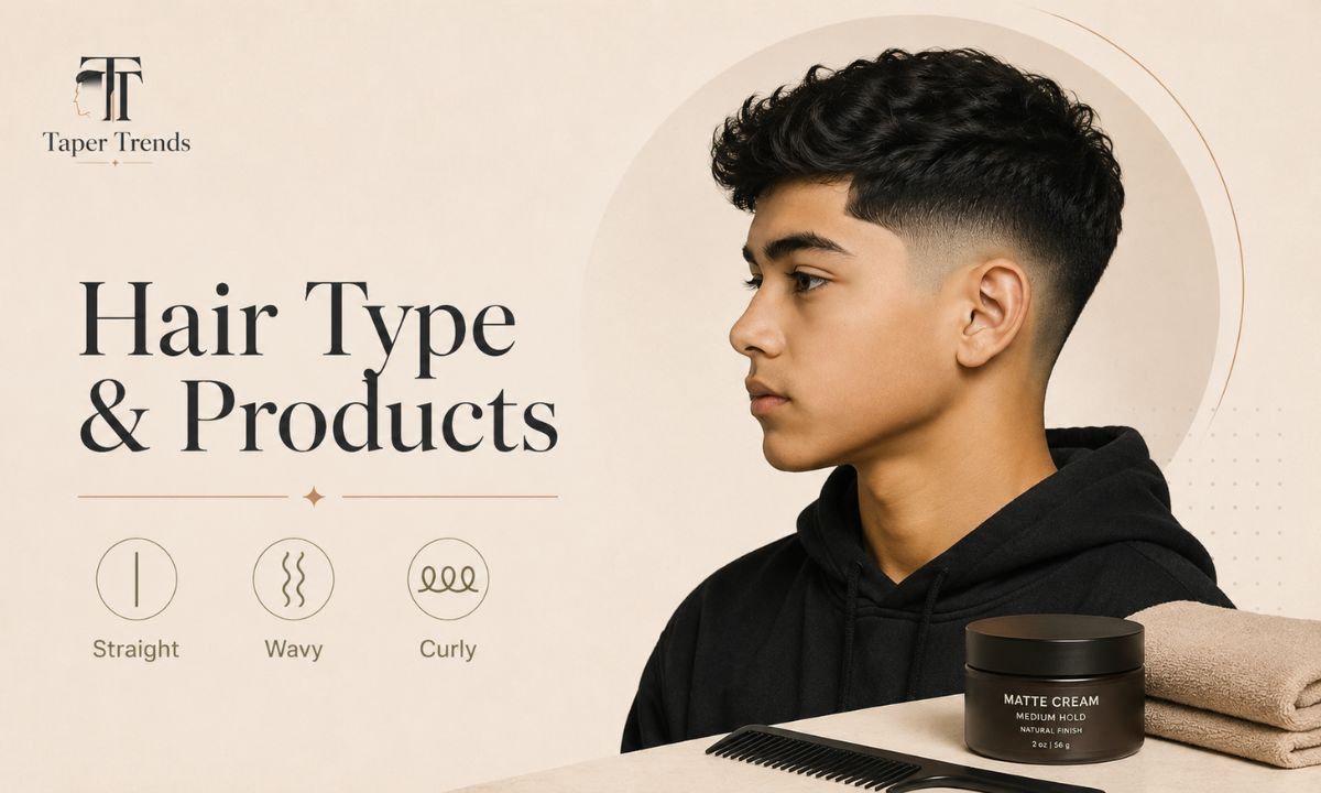 Choosing a low taper fade top and products by hair type — straight, wavy, curly, thick, and fine hair on boys.
