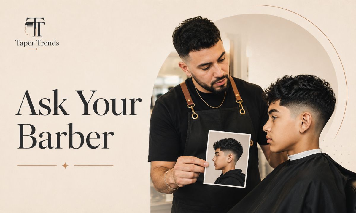 A barber giving a boy a low taper fade, blending low around the ear, showing how to ask for the cut.