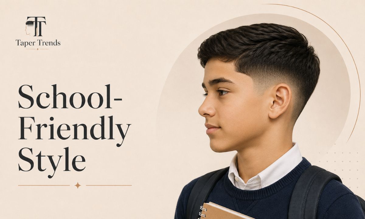A school-friendly low taper fade on a boy — low natural blend, no shaved designs, and a tidy neckline.