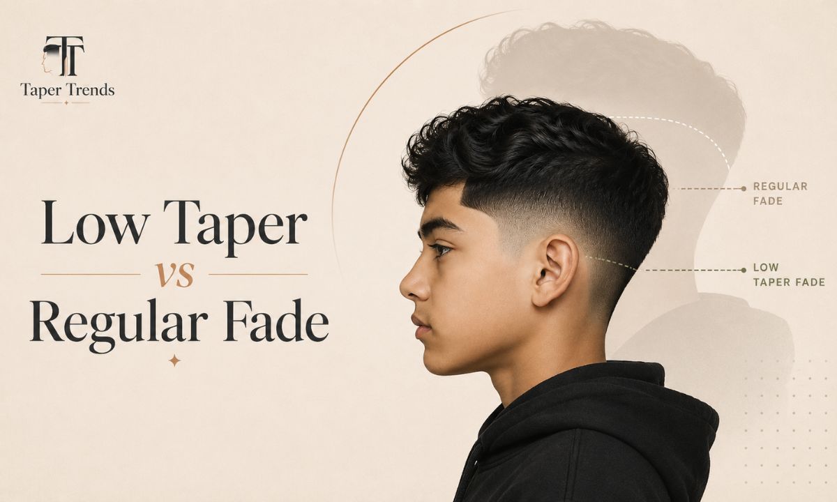 Low taper fade versus a regular mid fade on boys — one with a soft low blend, one with sharper high contrast.