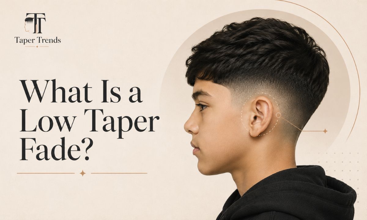 A boy with a low taper fade — the blend starting low above the ears and along the neckline, with fuller hair on top.