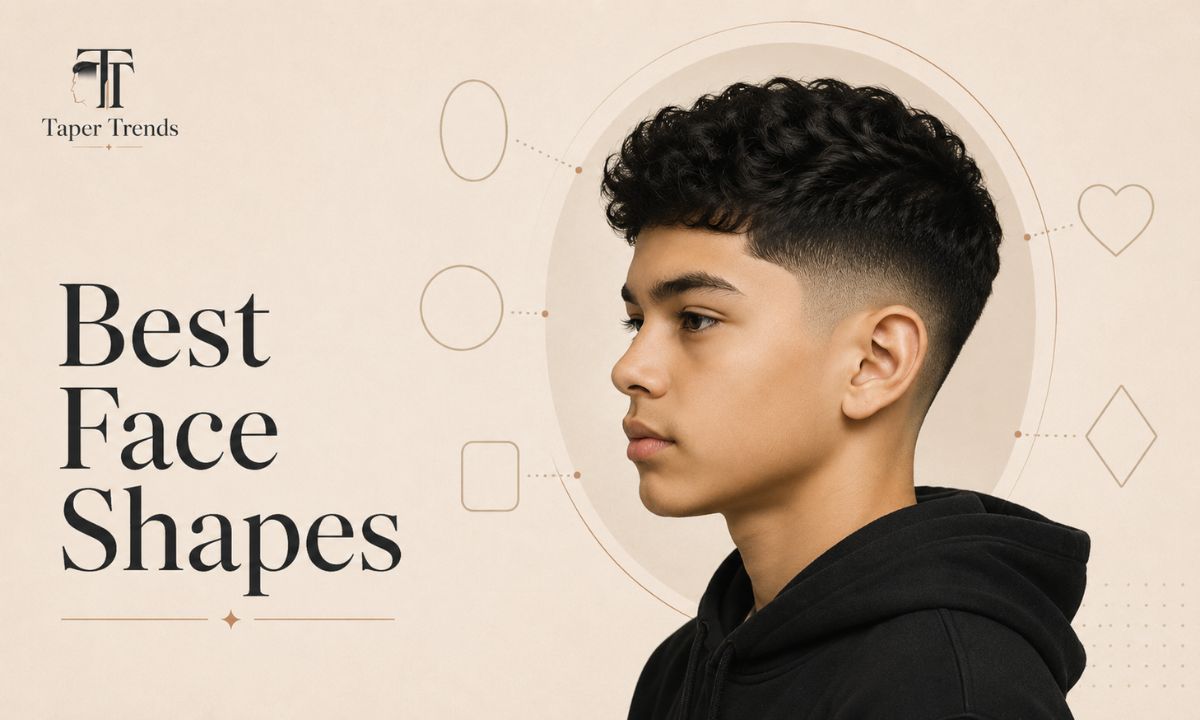 How a low taper fade suits different face shapes on boys — round, oval, square, long, and heart-shaped.