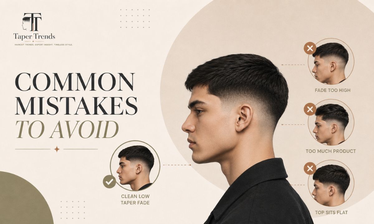 Common mistakes to avoid with a low taper fade on straight hair, such as taking the fade too high or leaving the top flat.