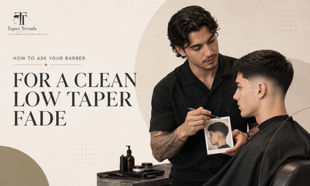 A barber working a clean low taper fade into straight hair, blending low around the ear.