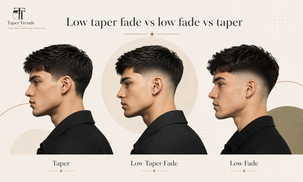 Comparison of a low taper fade, a low fade, and a plain taper on straight hair.
