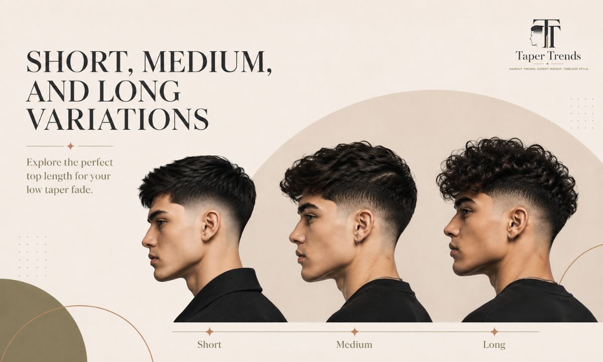 Short, medium, and long top variations of a low taper fade on straight hair.