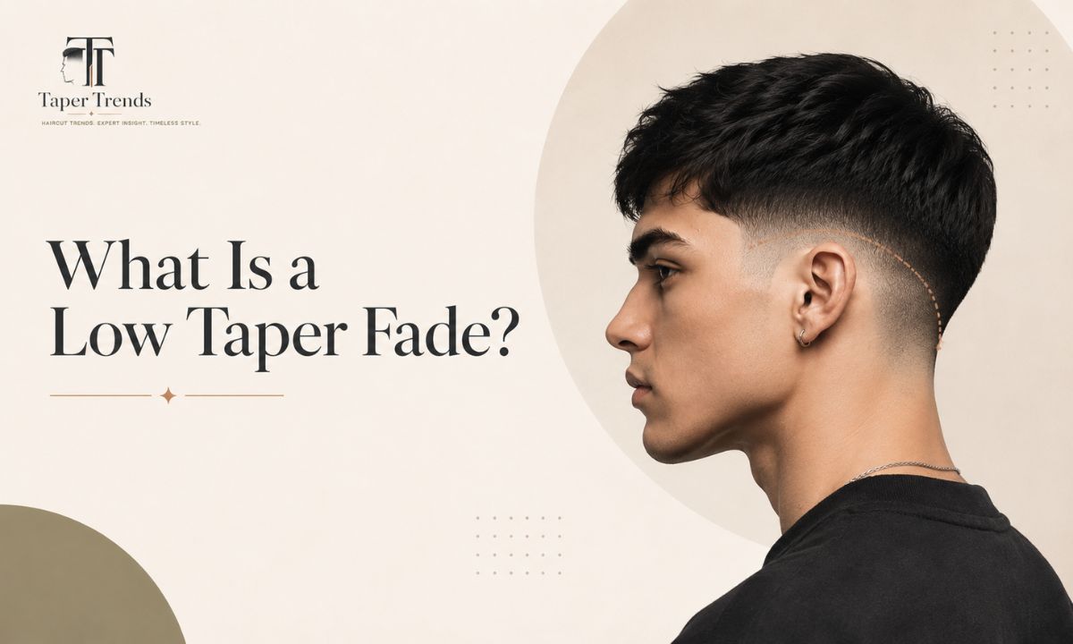 Close-up of a low taper fade on straight hair, showing the blend fading low near the ear and neckline.