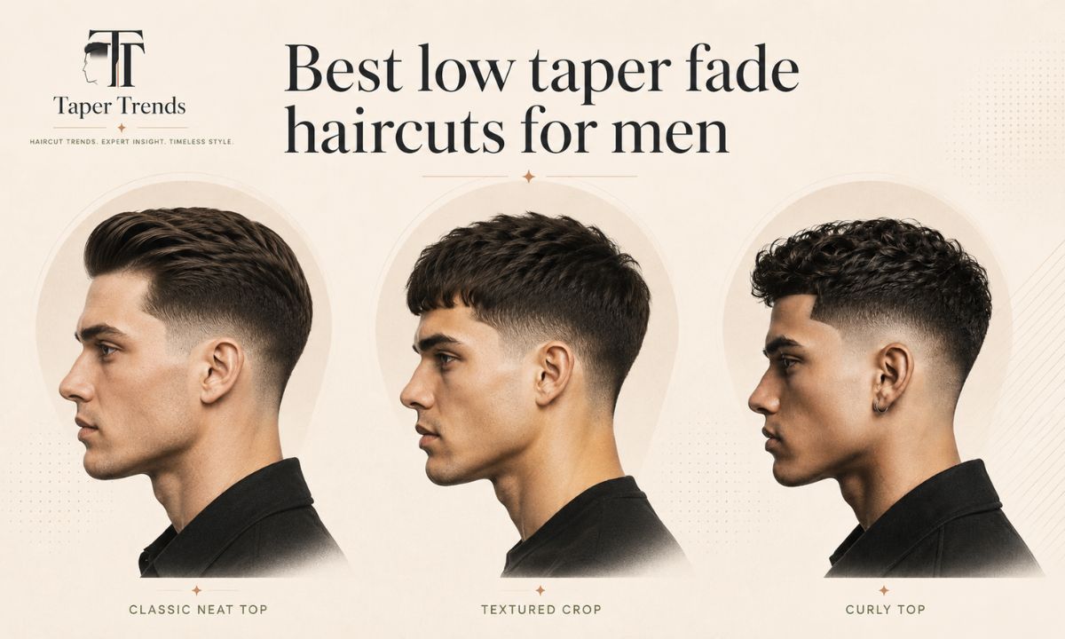 A line-up of the best low taper fade haircuts for men — classic, waves, textured crop, fringe, longer top, and messy top.
