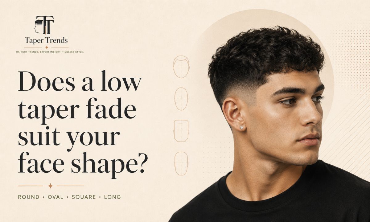 How a low taper fade suits different face shapes — round, oval, square, long, and heart-shaped.