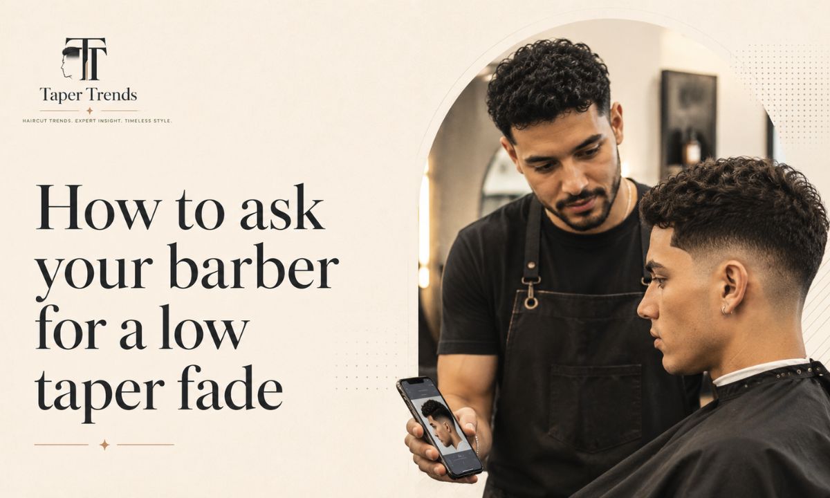 A barber giving a low taper fade, blending the sides low around the ear, showing how to ask for the cut.