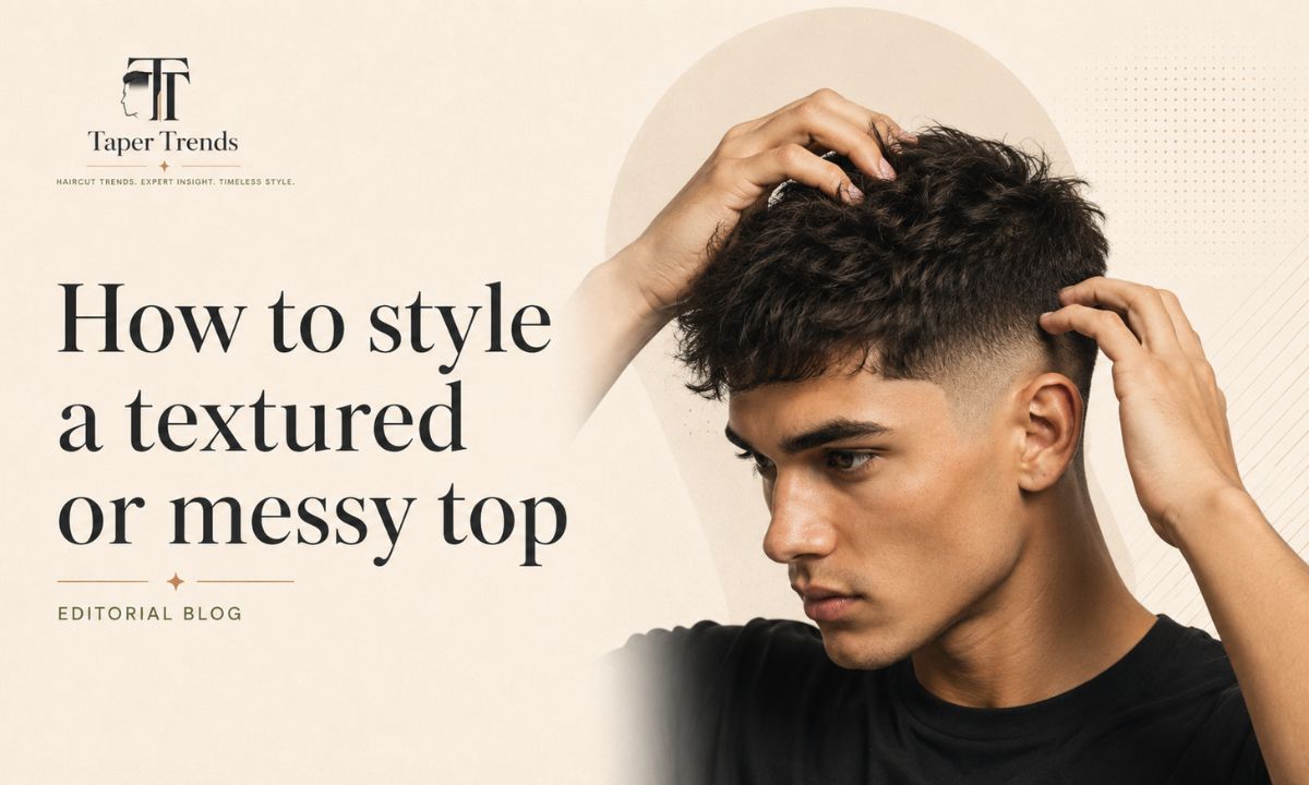 Styling a textured, messy top over a low taper fade using a small amount of matte clay worked through with the fingers.