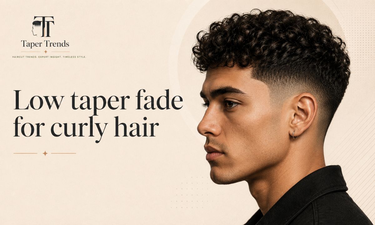 A low taper fade on curly hair — tidy faded sides with full, defined curls left on top.