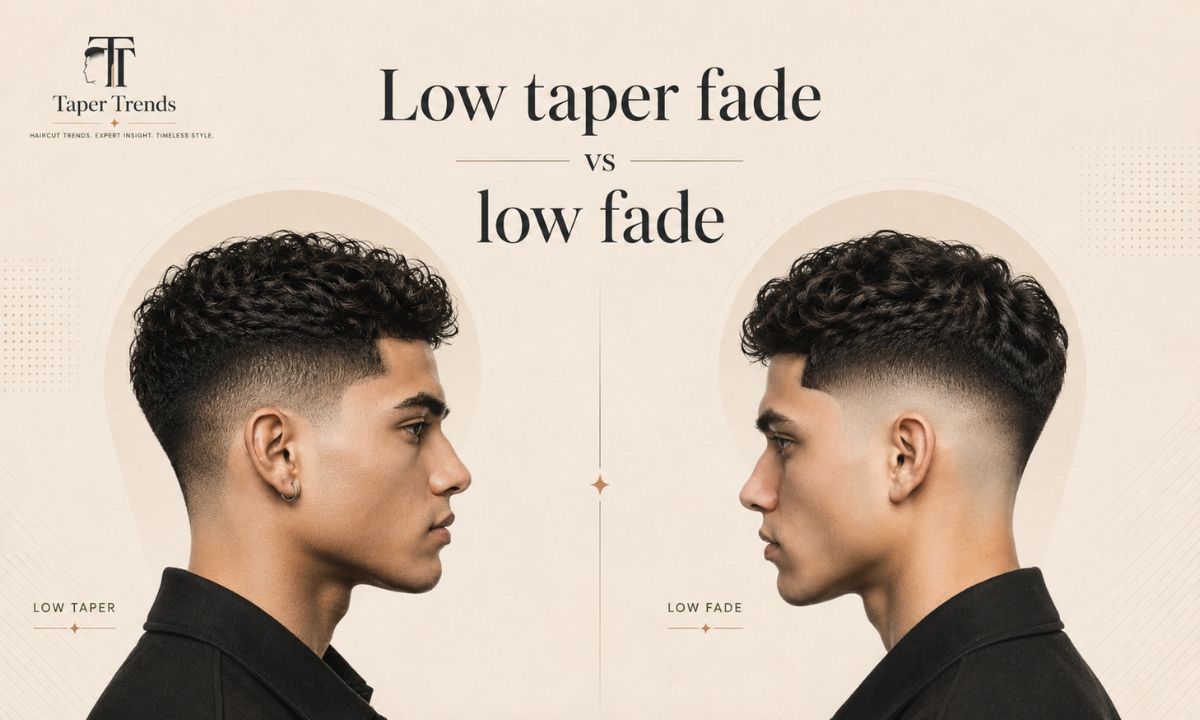 Low taper fade versus a low fade — one with a soft blended taper, one with a sharper low fade.