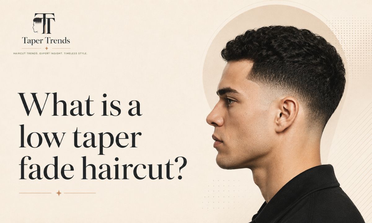 A low taper fade haircut — the blend starting low above the ears and along the neckline, with fuller hair on top.