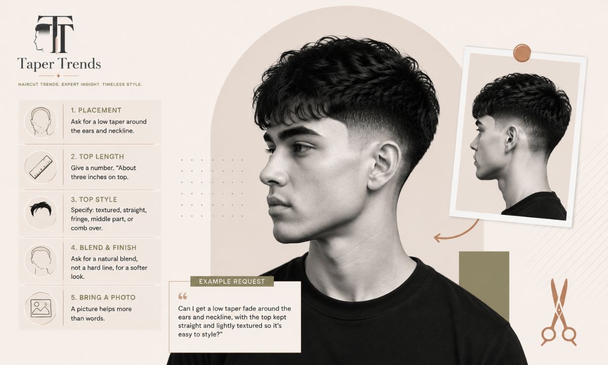 A barber blending a low taper fade with clippers around a boy's ear and neckline.