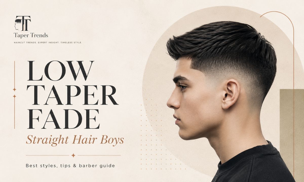Boy with a low taper fade on straight hair, neat sides blended low around the ears with a styled top.