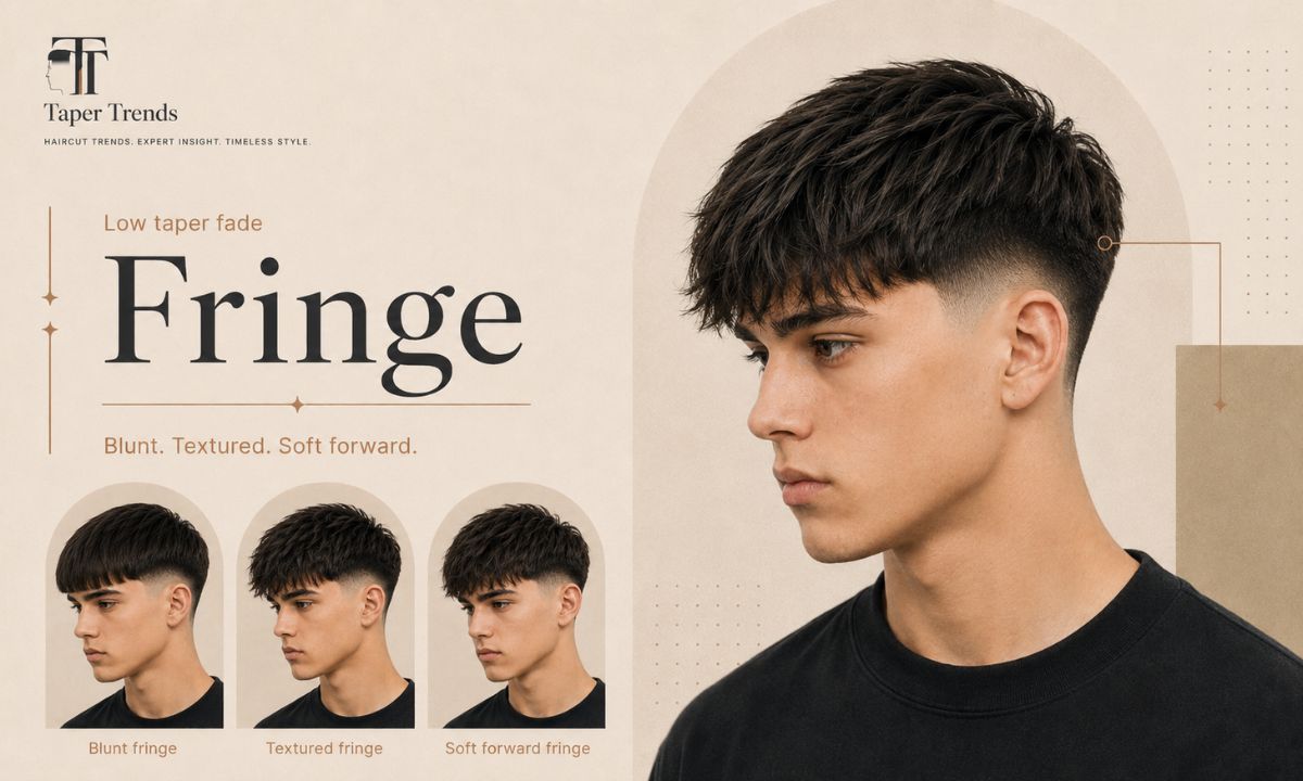 Boy with a low taper fade and a loose, textured fringe falling across the forehead.