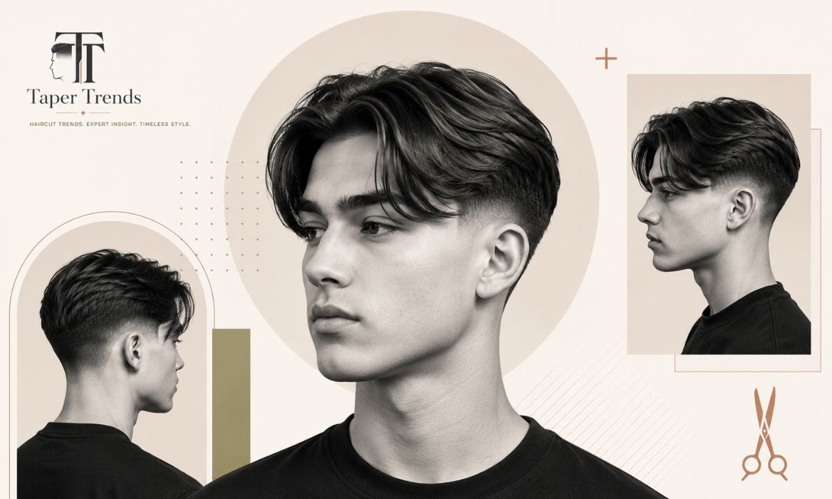 Boy with a low taper fade and a centre-parted curtain top framing the face on straight hair.