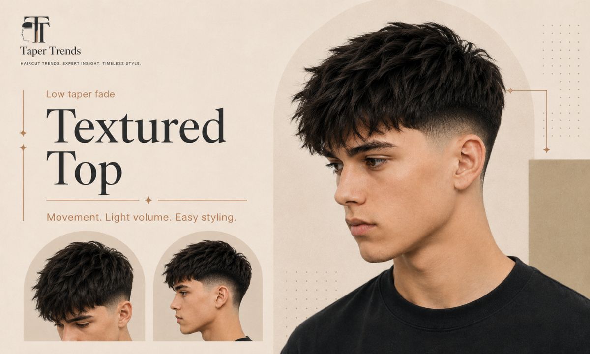 Boy with a low taper fade and a textured, point-cut top adding movement to straight hair.