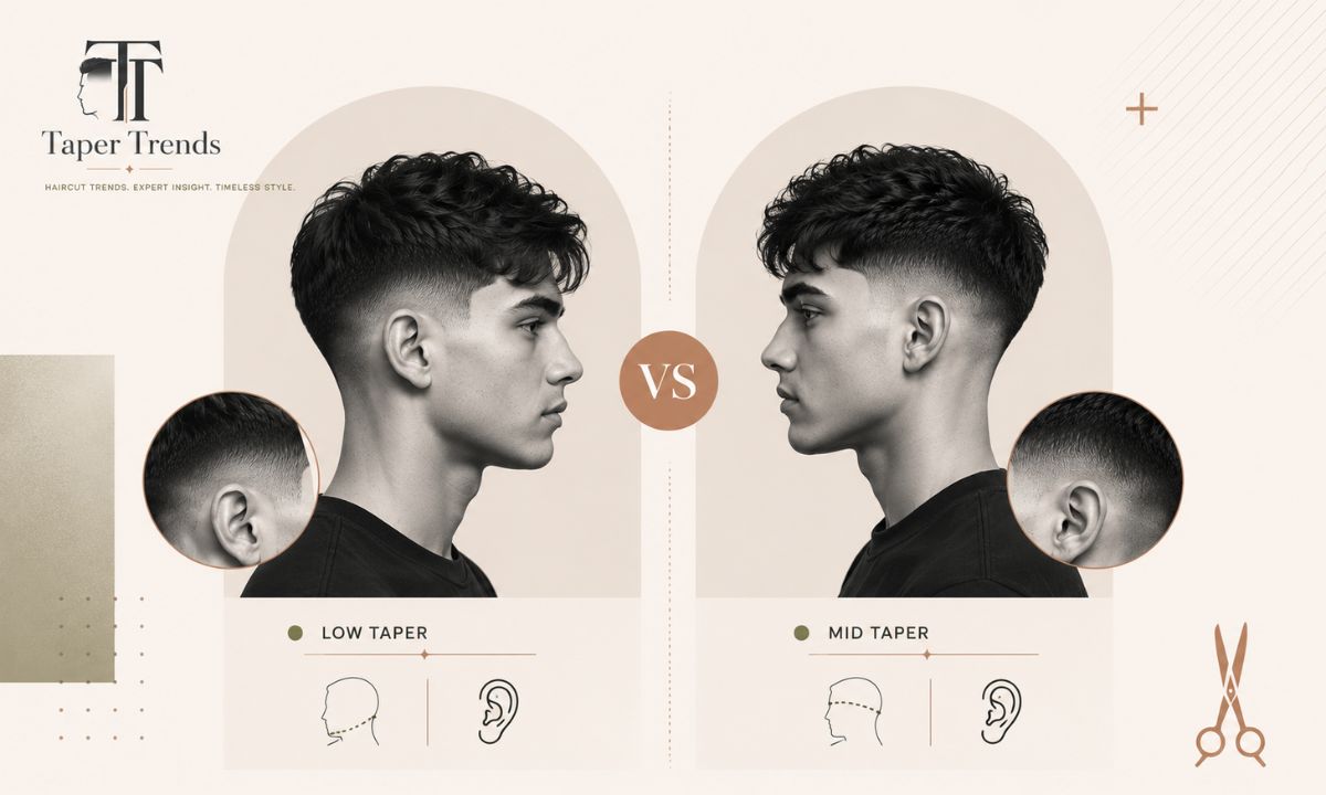 Side-by-side comparison of a low taper and a mid taper on a boy's straight hair.