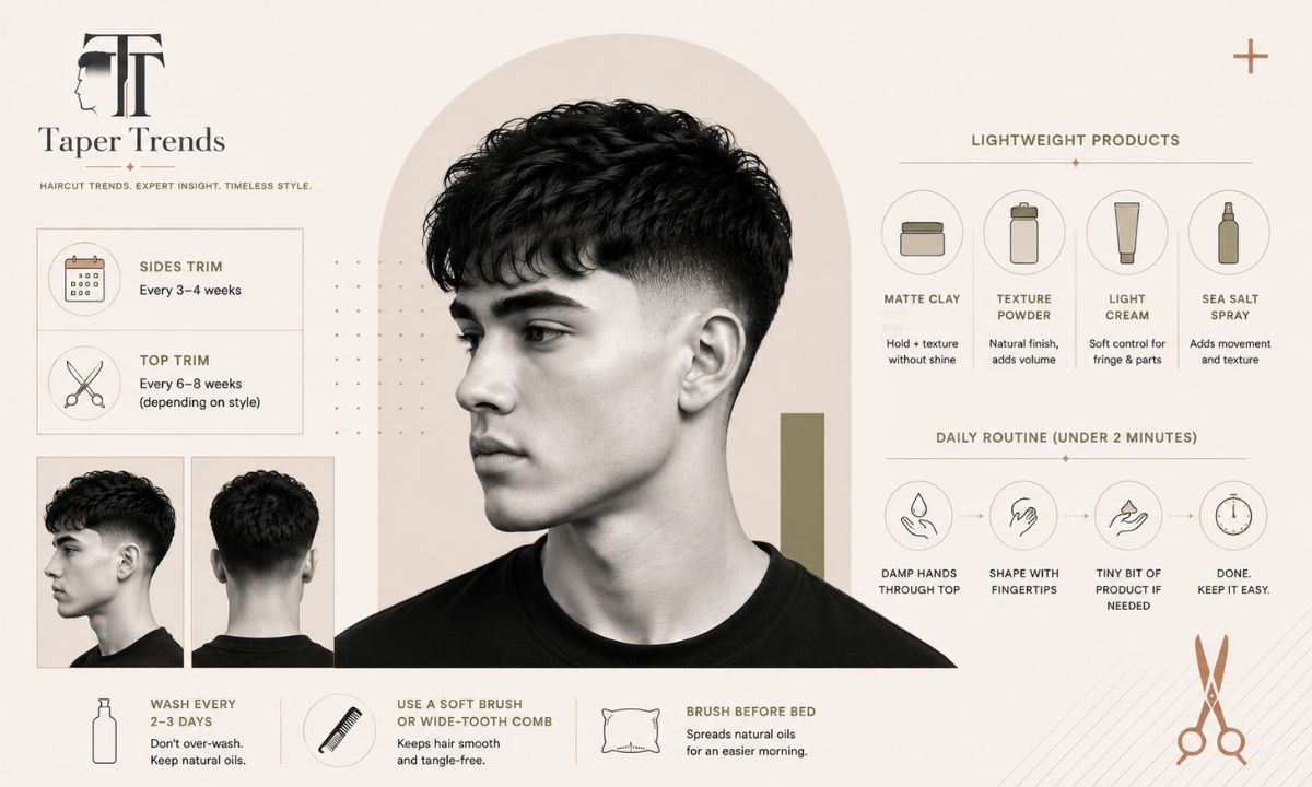 Lightweight styling products and a comb laid out for a boy's low taper fade on straight hair.