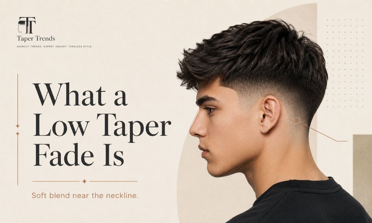 Side view of a low taper fade on a boy, showing the blend starting low just above the natural hairline.