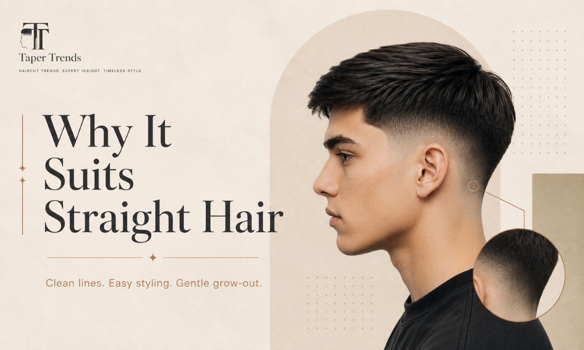 Straight hair lying flat over a low taper fade, the blend smooth and even from the sides into the neckline.