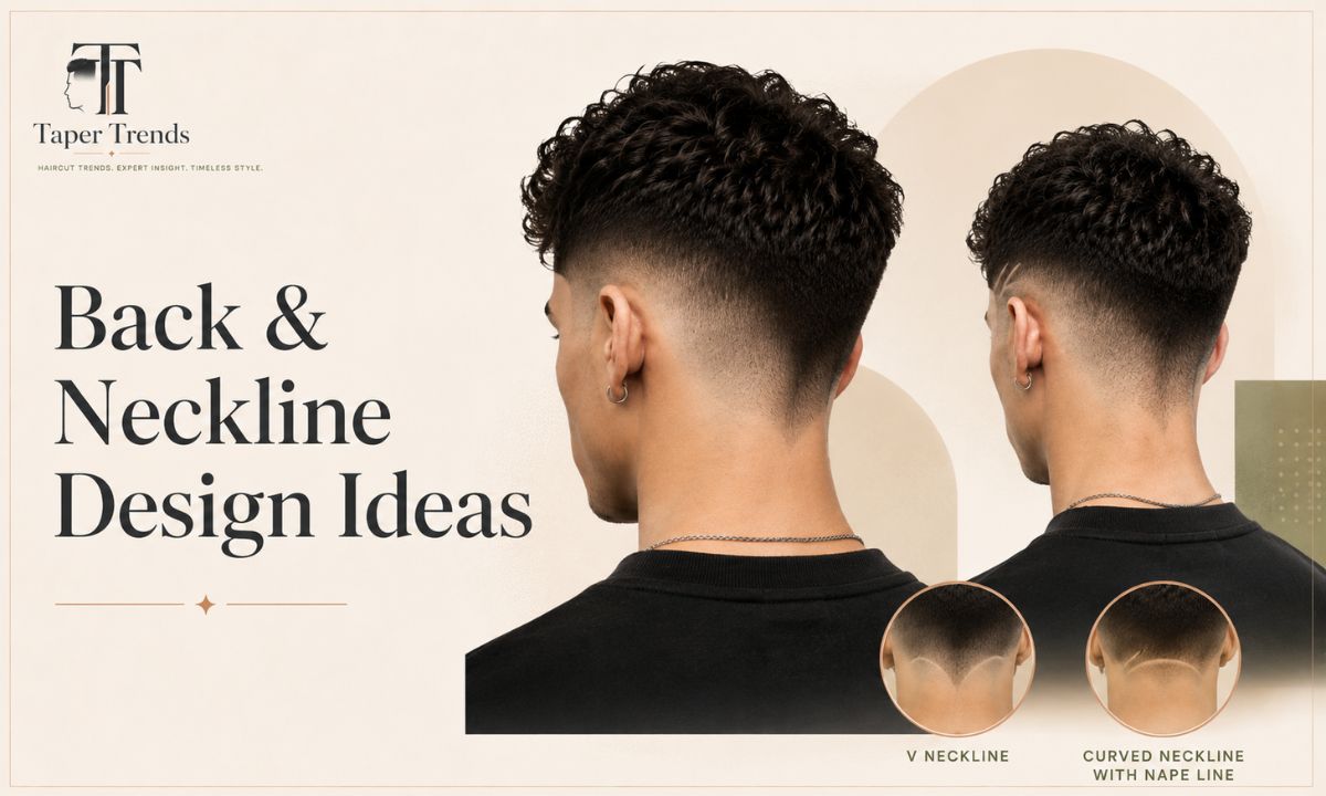 Back and neckline design ideas for a low taper fade, including a clean V-shaped neckline.