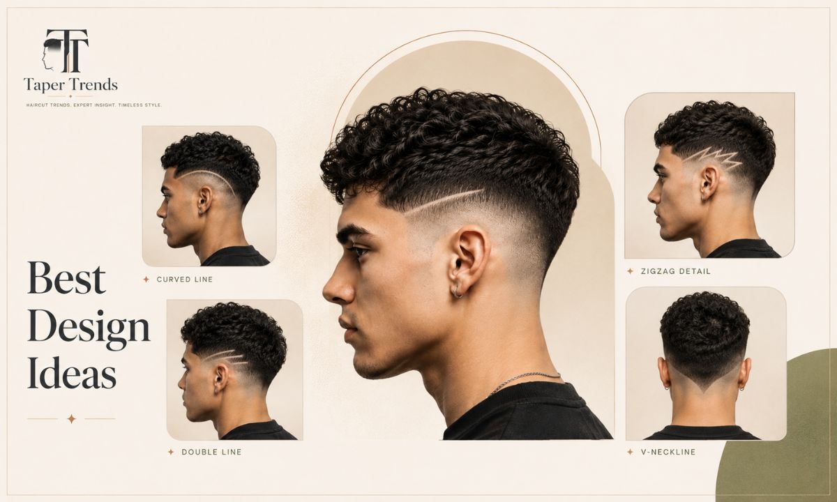 A grid of low taper fade with design ideas for men and boys, from single lines to bold freestyle patterns.