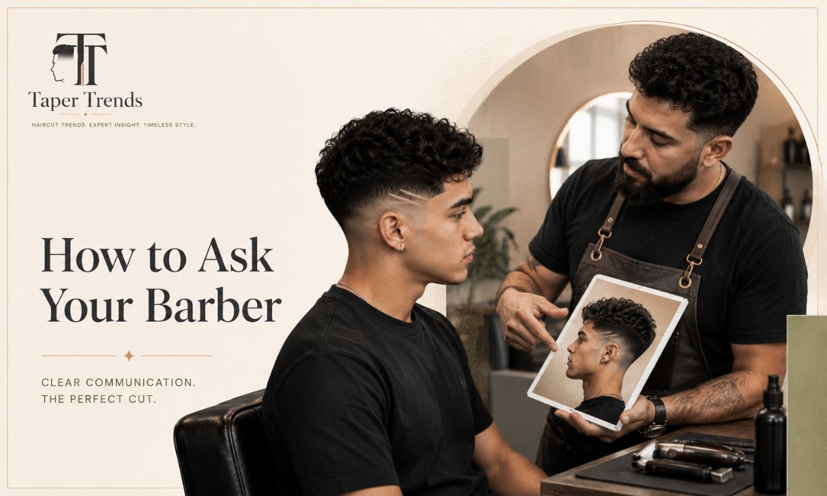 A barber shaving a clean design into a low taper fade with a trimmer.