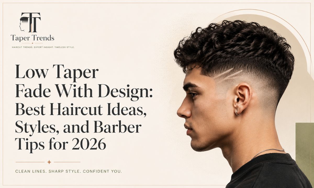Man with a low taper fade with design, a clean shaved line cut into softly faded sides.