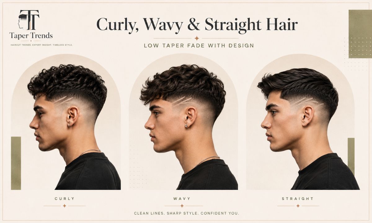 A low taper fade with design shown on curly, wavy, and straight hair textures.