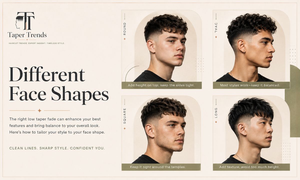 A low taper fade with design adapted to round, oval, square, long, and heart-shaped faces.