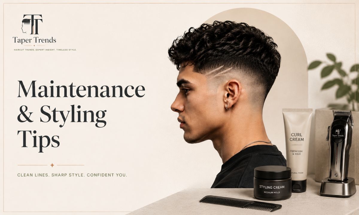Maintenance and styling tips for a low taper fade with design, with grooming products laid out.