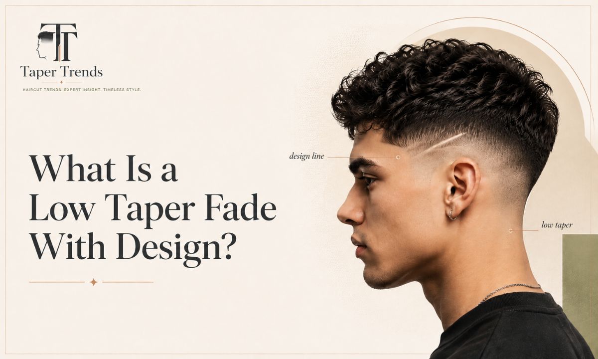 Close-up of a low taper fade with design showing the low fade near the ear and a clean shaved line above it.