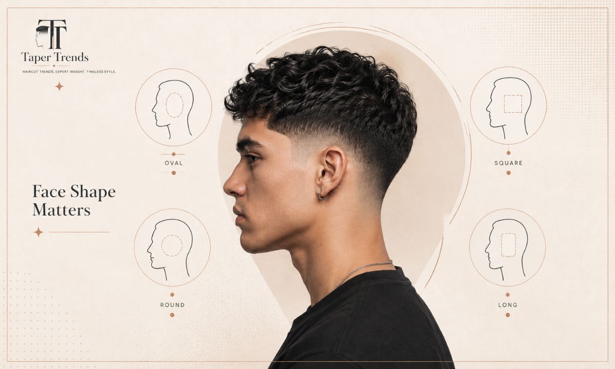 Choosing between a low taper and a low fade based on round, oval, square, long, and heart-shaped faces.