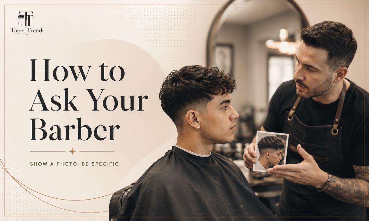 A barber blending the sides low around the ear, illustrating how to ask for a low taper or a low fade.