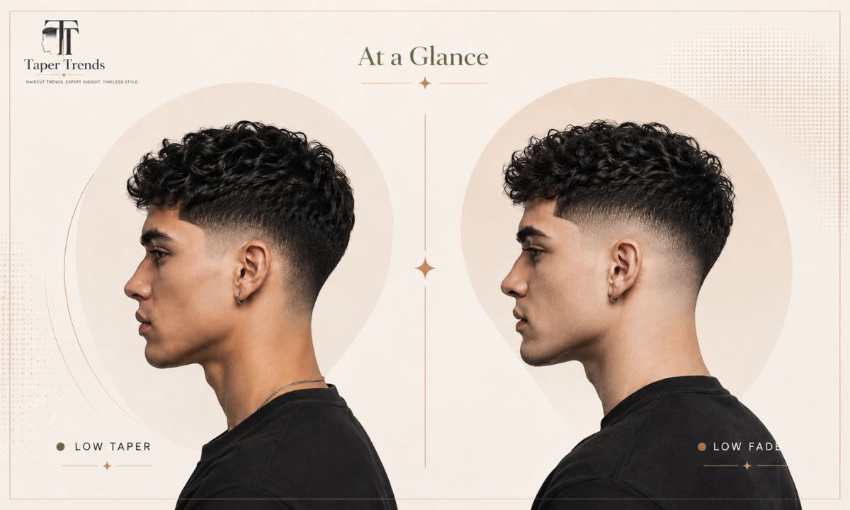 Low taper vs low fade compared at a glance, showing the difference in contrast, skin exposure, and overall look.